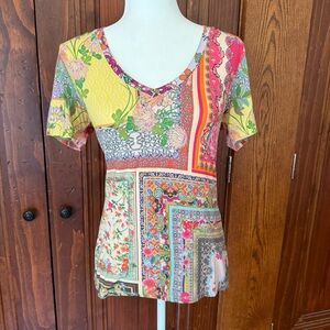 Johnny Was Patchwork V-Neck Tee Size S